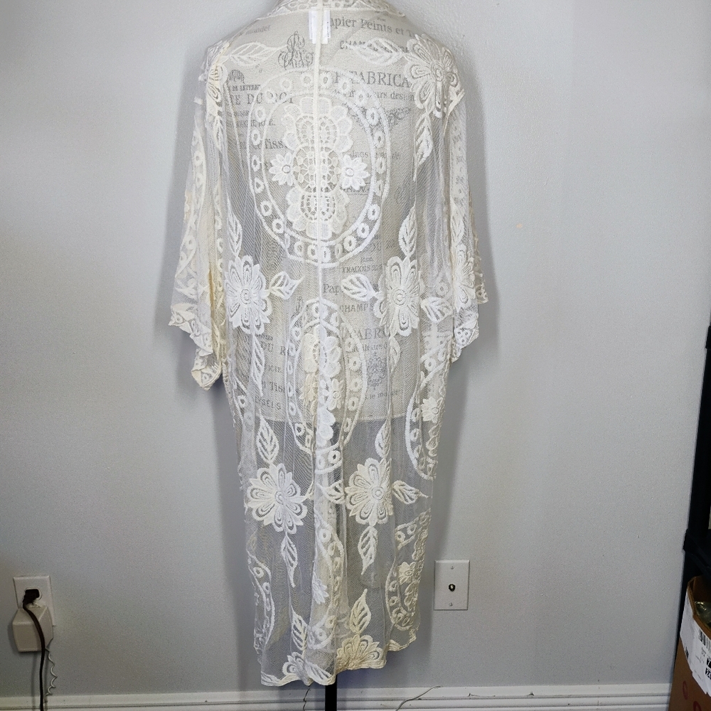 Sheer Floral Embroidered Duster Kimono Womens XXL XXXL Ivory Boho Festival - Picture 3 of 9